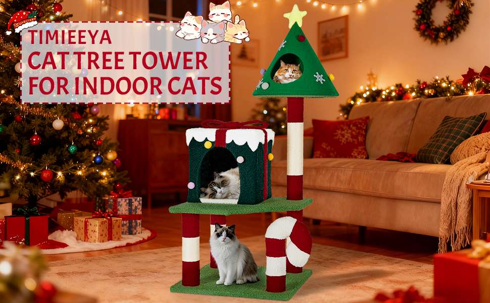 Torre de gatos multi-nivel (48x48x115 cm). Diseño navideño, 2 pisos, 4 rascadores y base anti-vuelco.