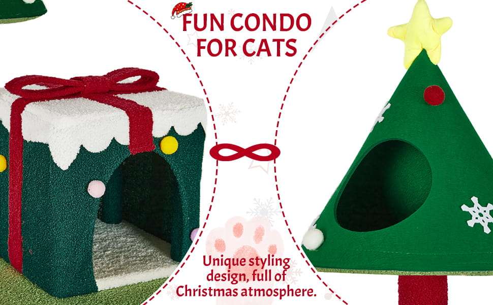 Torre de gatos multi-nivel (48x48x115 cm). Diseño navideño, 2 pisos, 4 rascadores y base anti-vuelco.