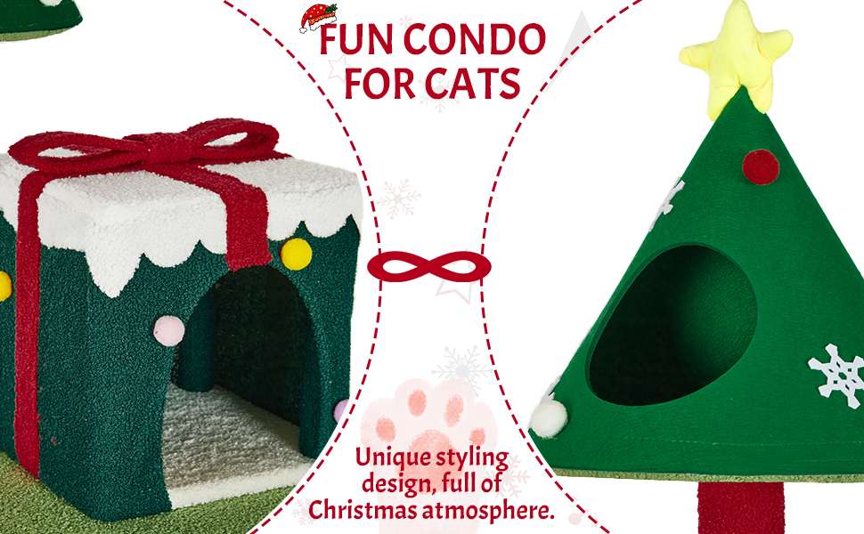 Torre de gatos multi-nivel (48x48x115 cm). Diseño navideño, 2 pisos, 4 rascadores y base anti-vuelco.