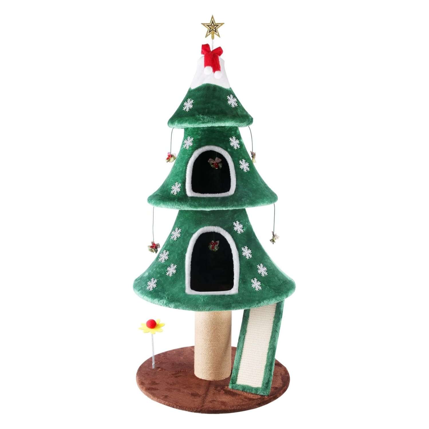 Torre de gatos multi-nivel (60x60x137 cm). Diseño Árbol de Navidad, con 2 condominios cerrados y base anti-vuelco reforzada.