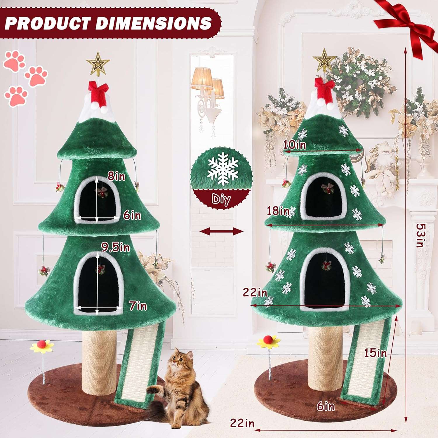 Torre de gatos multi-nivel (60x60x137 cm). Diseño Árbol de Navidad, con 2 condominios cerrados y base anti-vuelco reforzada.