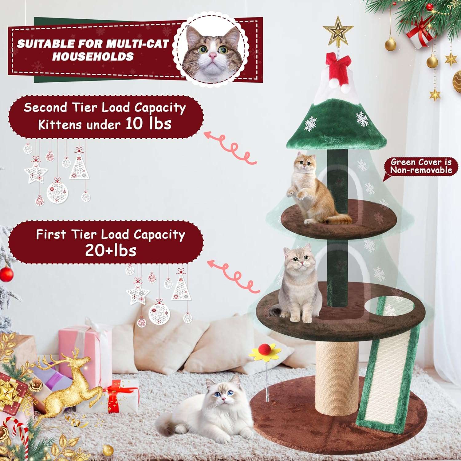 Torre de gatos multi-nivel (60x60x137 cm). Diseño Árbol de Navidad, con 2 condominios cerrados y base anti-vuelco reforzada.