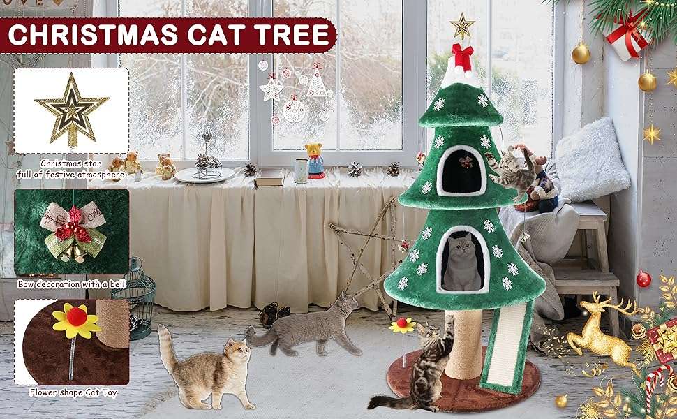 Torre de gatos multi-nivel (60x60x137 cm). Diseño Árbol de Navidad, con 2 condominios cerrados y base anti-vuelco reforzada.