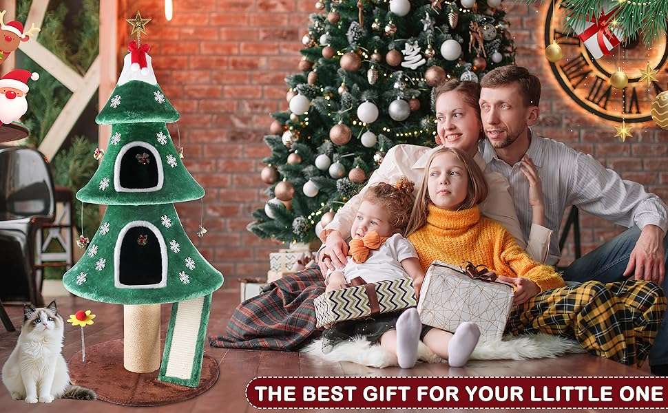 Torre de gatos multi-nivel (60x60x137 cm). Diseño Árbol de Navidad, con 2 condominios cerrados y base anti-vuelco reforzada.