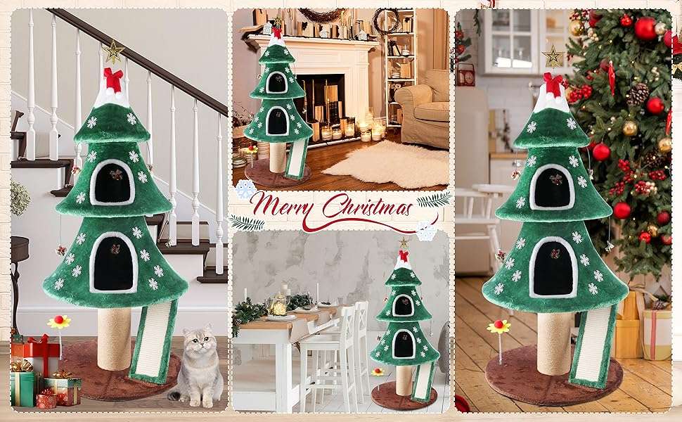 Torre de gatos multi-nivel (60x60x137 cm). Diseño Árbol de Navidad, con 2 condominios cerrados y base anti-vuelco reforzada.