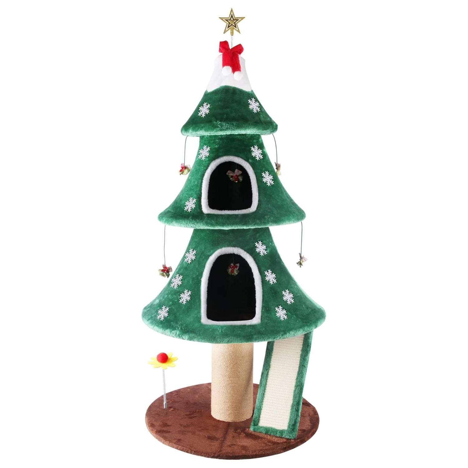Torre de gatos multi-nivel (60x60x137 cm). Diseño Árbol de Navidad, con 2 condominios cerrados y base anti-vuelco reforzada.