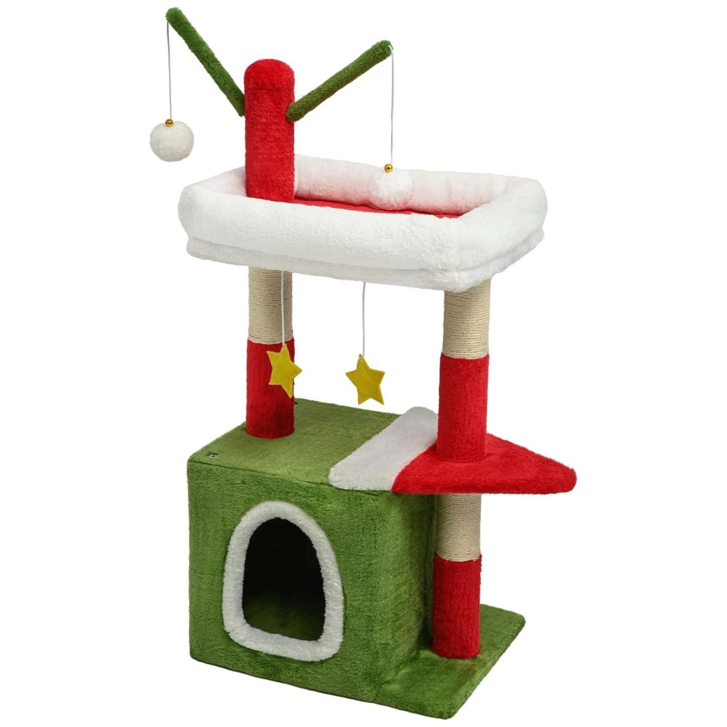 Torre de gatos multi-nivel (30x81x102 cm). Diseño Navideño (Regalo/Sombrero), sisal y dispositivo anti-vuelco.