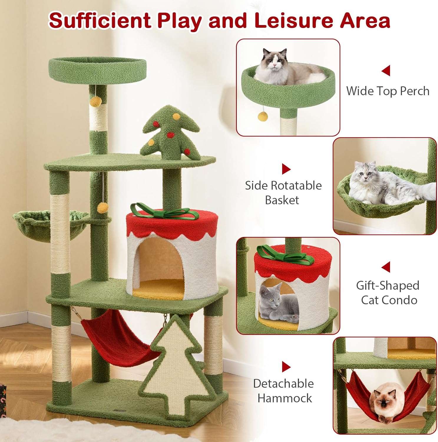 Torre de gatos multi-espacio (60x50x132 cm). Diseño Navideño con condominio en forma de regalo, hamaca, cesta y dispositivo anti-vuelco.