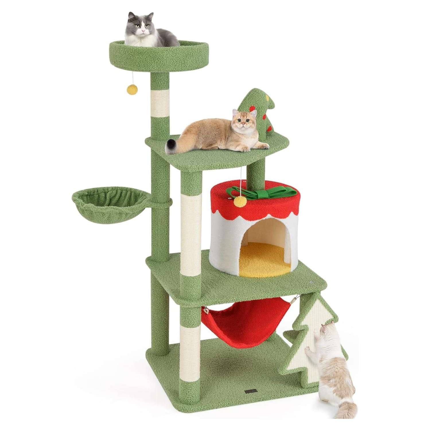 Arbol rascador navideno para gatos de 132 centimetros con condominio en forma de regalo.