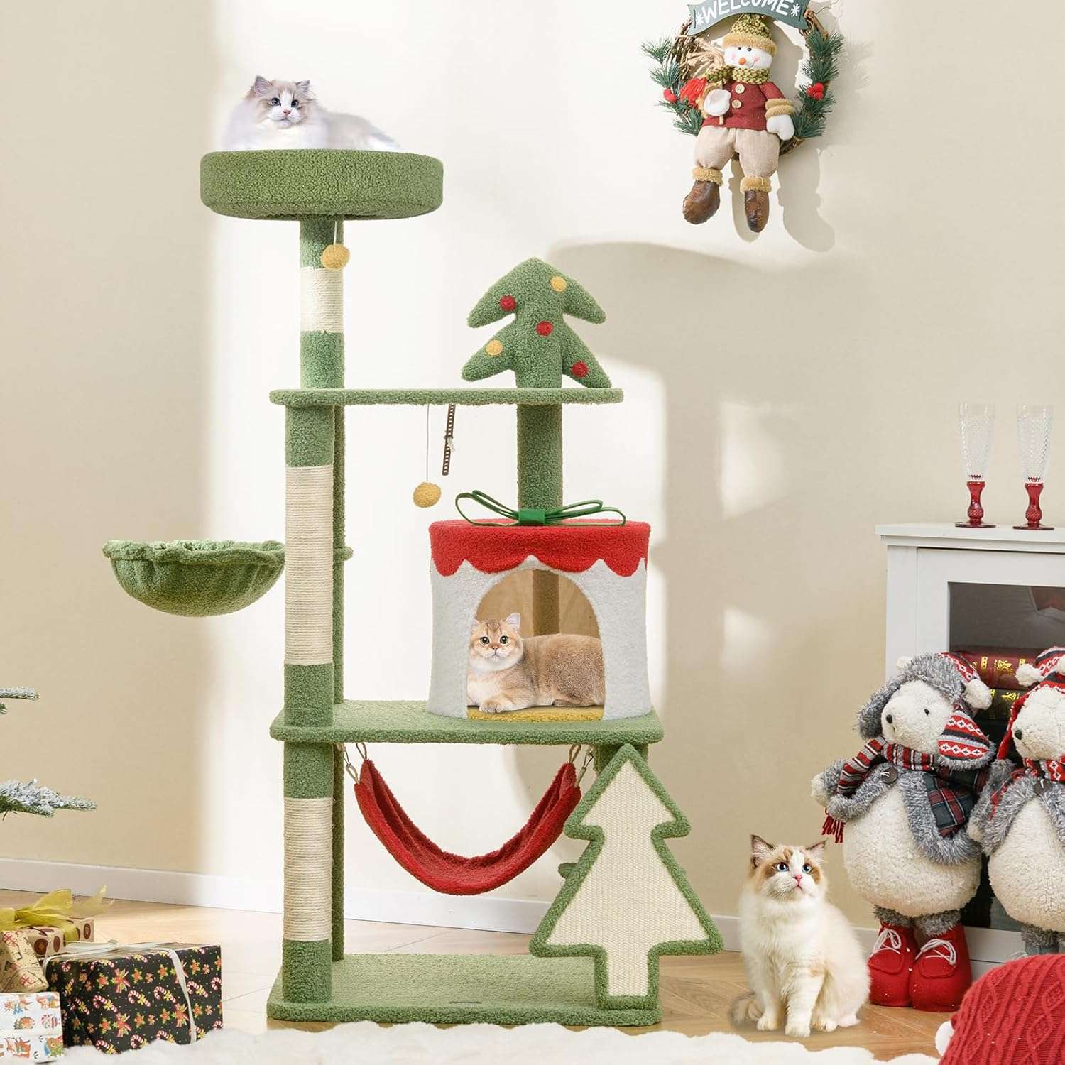 Torre de gatos multi-espacio (60x50x132 cm). Diseño Navideño con condominio en forma de regalo, hamaca, cesta y dispositivo anti-vuelco.