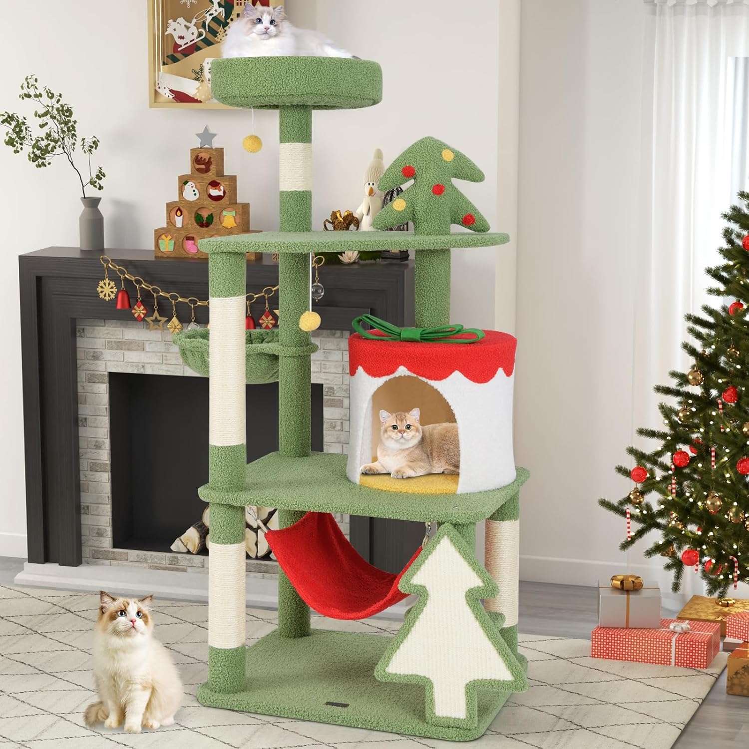 Torre de gatos multi-espacio (60x50x132 cm). Diseño Navideño con condominio en forma de regalo, hamaca, cesta y dispositivo anti-vuelco.