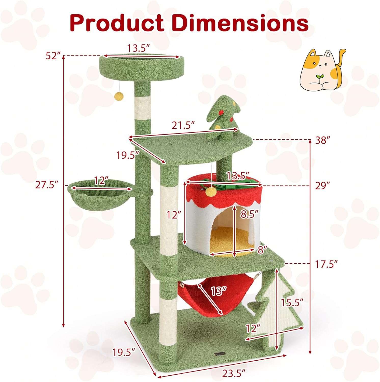 Arbol rascador navideno para gatos de 132 centimetros con condominio en forma de regalo.