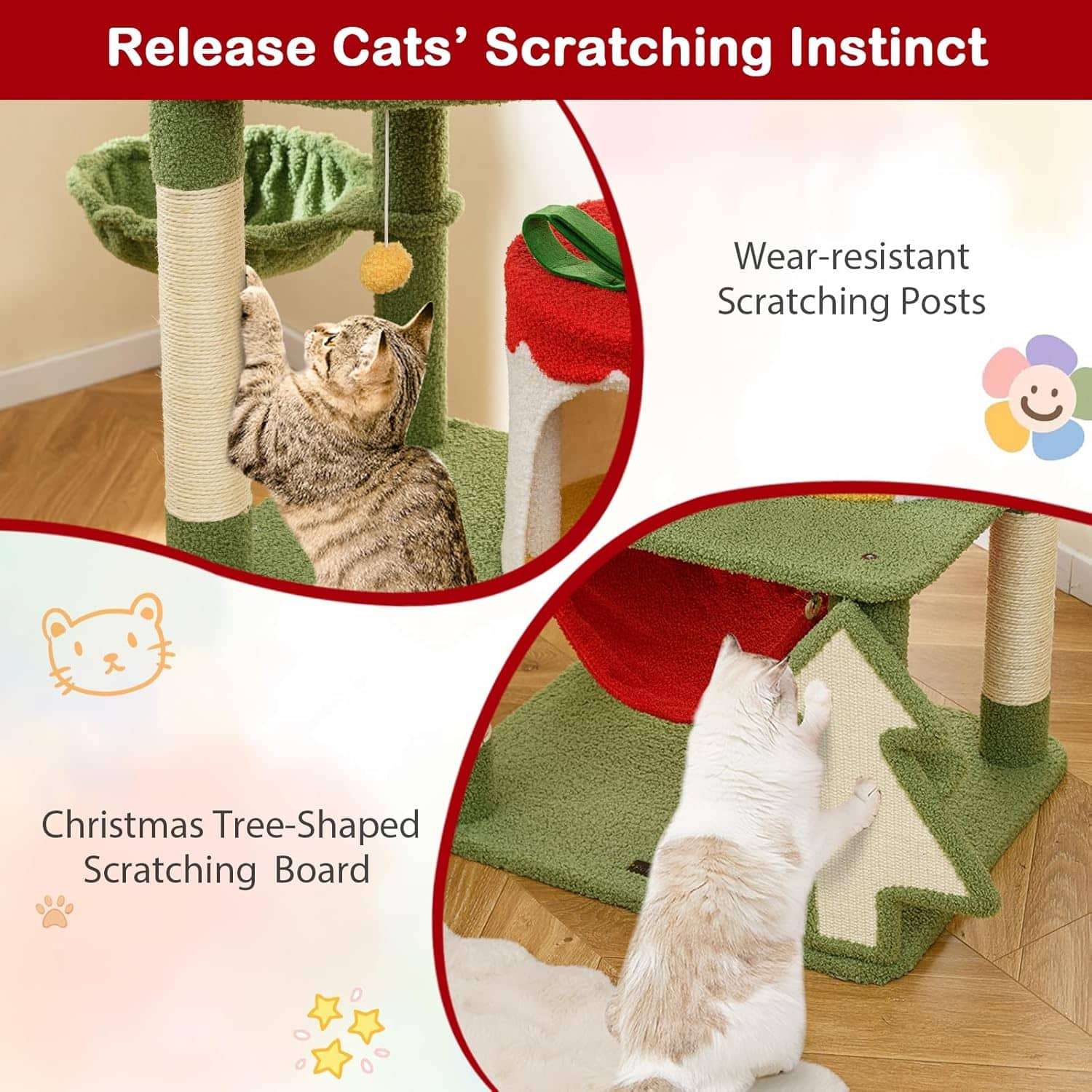 Arbol rascador navideno para gatos de 132 centimetros con condominio en forma de regalo.