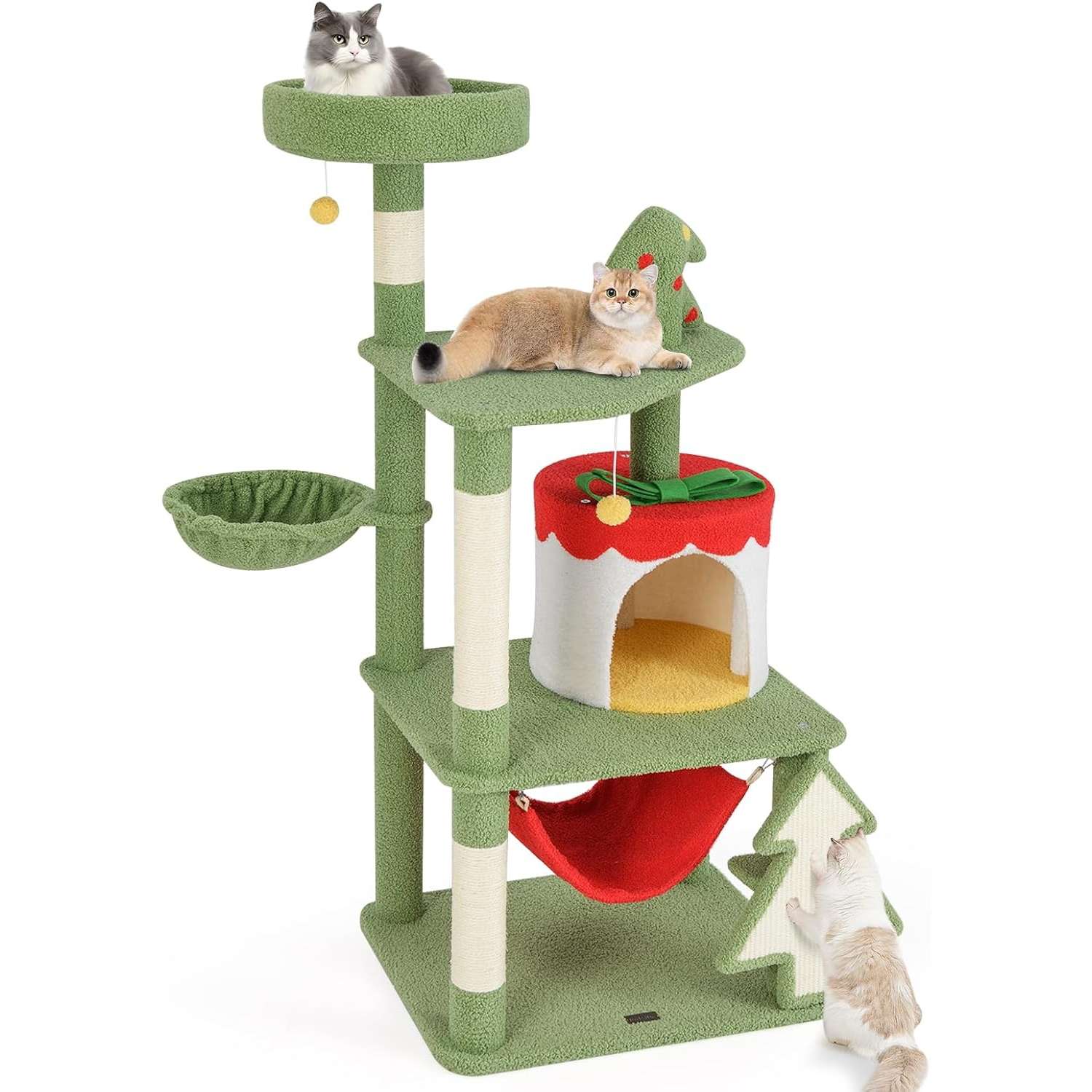 Torre de gatos multi-espacio (60x50x132 cm). Diseño Navideño con condominio en forma de regalo, hamaca, cesta y dispositivo anti-vuelco.