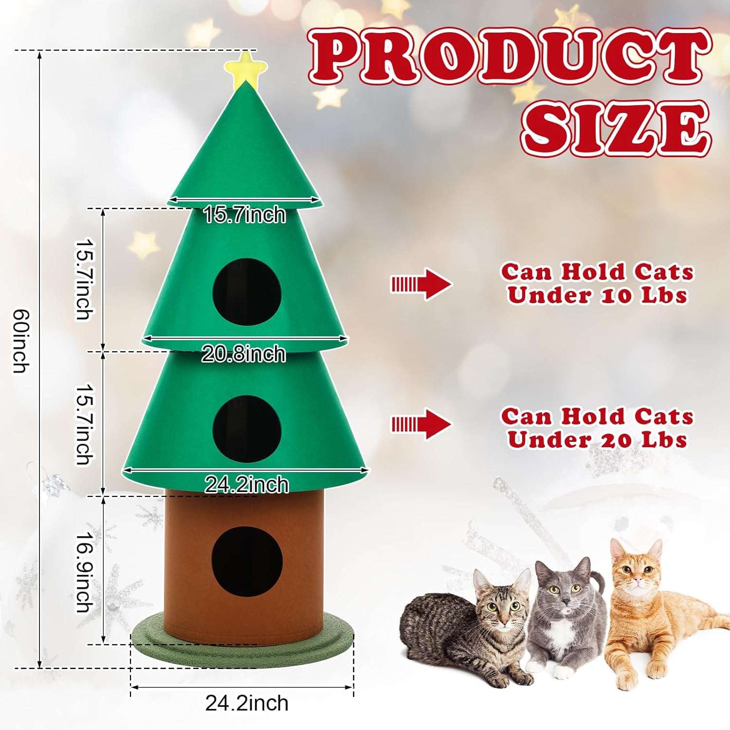 Torre de gatos multi-nivel (61x61x152 cm). Diseño Árbol de Navidad, con 3 condominios, pilares de fieltro y base ancha anti-vuelco.