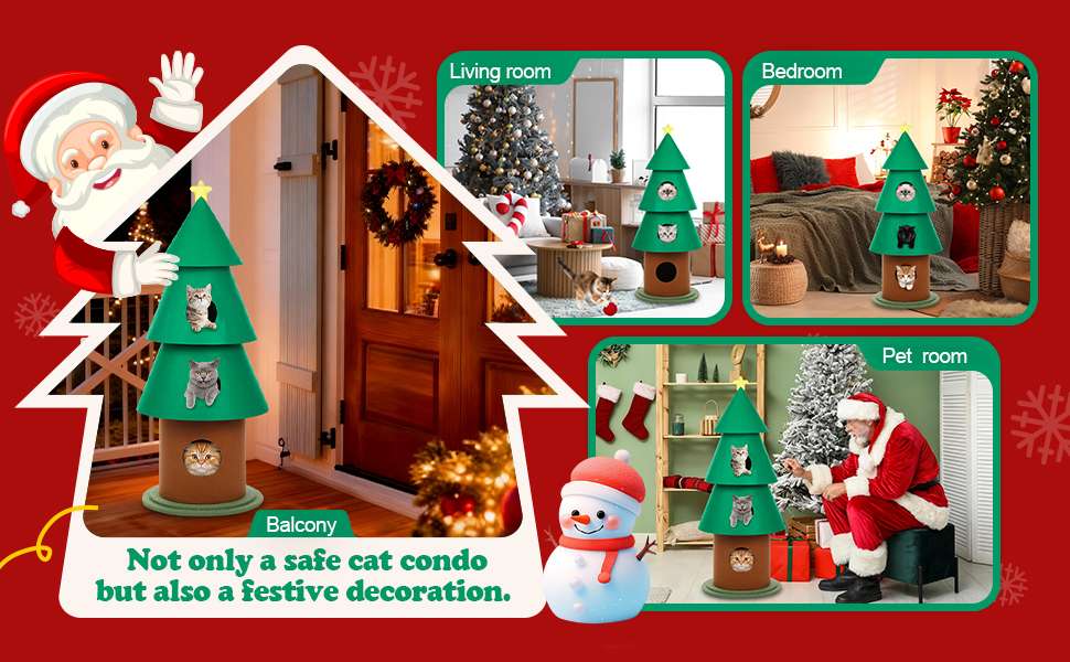 Torre de gatos multi-nivel (61x61x152 cm). Diseño Árbol de Navidad, con 3 condominios, pilares de fieltro y base ancha anti-vuelco.