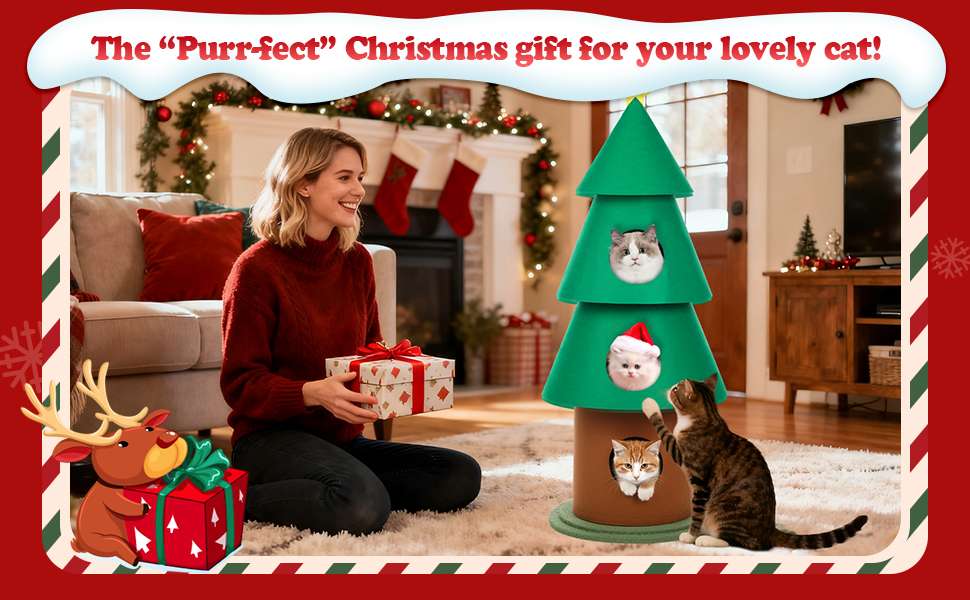 Torre de gatos multi-nivel (61x61x152 cm). Diseño Árbol de Navidad, con 3 condominios, pilares de fieltro y base ancha anti-vuelco.