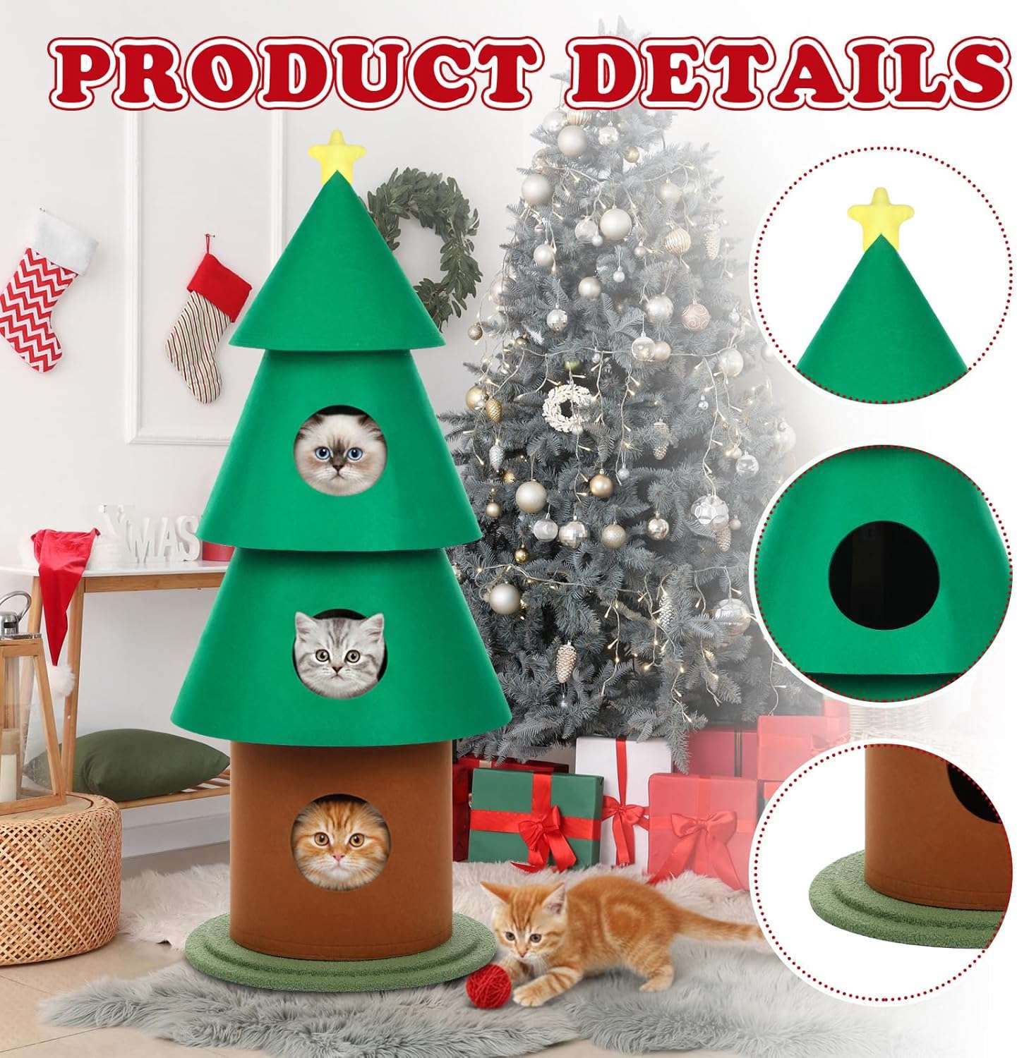 Torre de gatos multi-nivel (61x61x152 cm). Diseño Árbol de Navidad, con 3 condominios, pilares de fieltro y base ancha anti-vuelco.