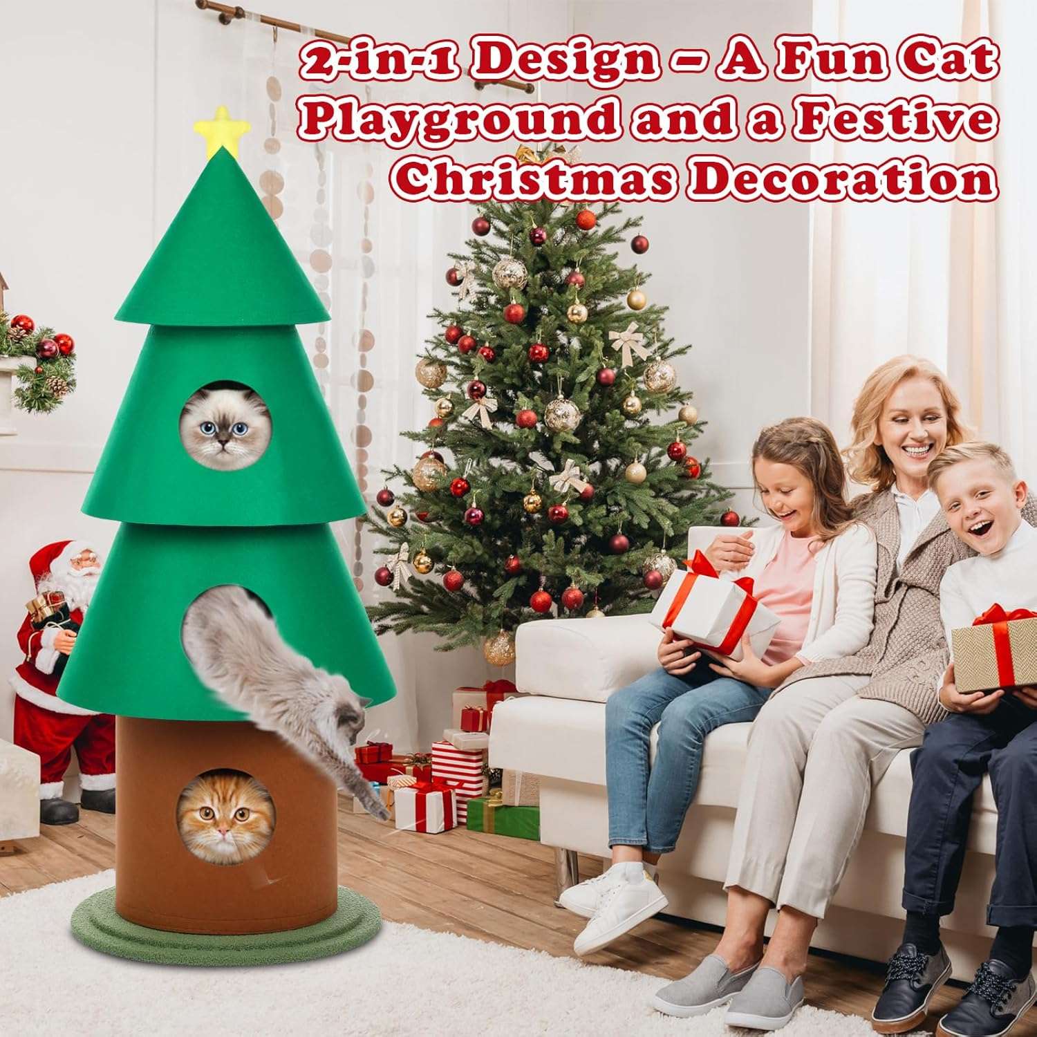 Torre de gatos multi-nivel (61x61x152 cm). Diseño Árbol de Navidad, con 3 condominios, pilares de fieltro y base ancha anti-vuelco.