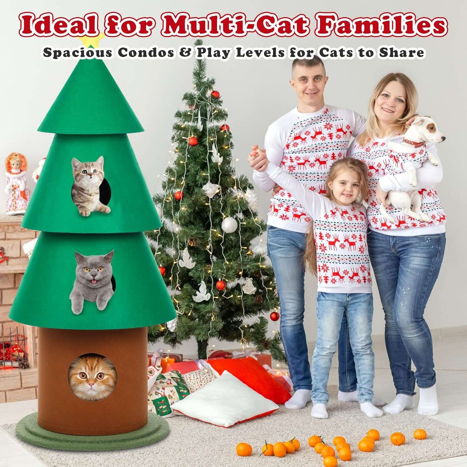 Torre de gatos multi-nivel (61x61x152 cm). Diseño Árbol de Navidad, con 3 condominios, pilares de fieltro y base ancha anti-vuelco.