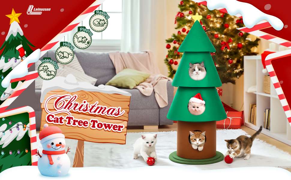 Torre de gatos multi-nivel (61x61x152 cm). Diseño Árbol de Navidad, con 3 condominios, pilares de fieltro y base ancha anti-vuelco.