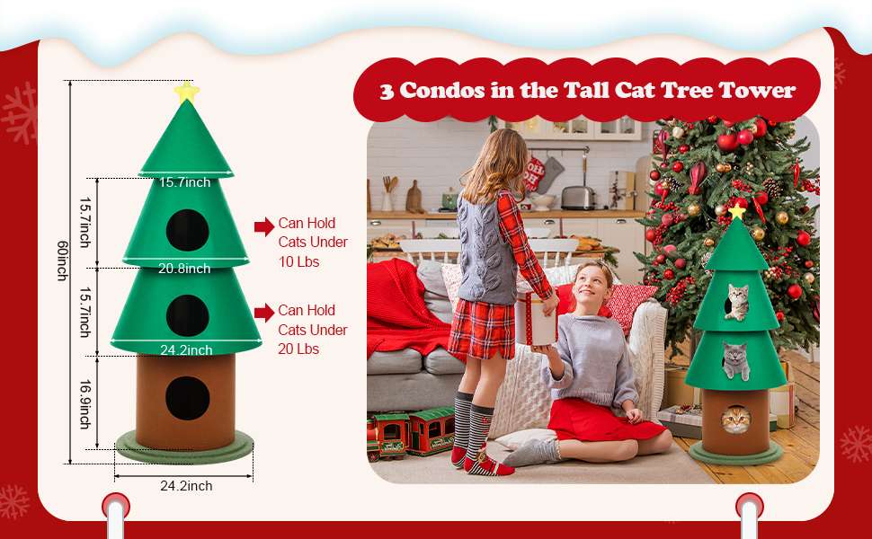 Torre de gatos multi-nivel (61x61x152 cm). Diseño Árbol de Navidad, con 3 condominios, pilares de fieltro y base ancha anti-vuelco.