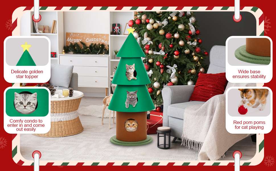 Torre de gatos multi-nivel (61x61x152 cm). Diseño Árbol de Navidad, con 3 condominios, pilares de fieltro y base ancha anti-vuelco.