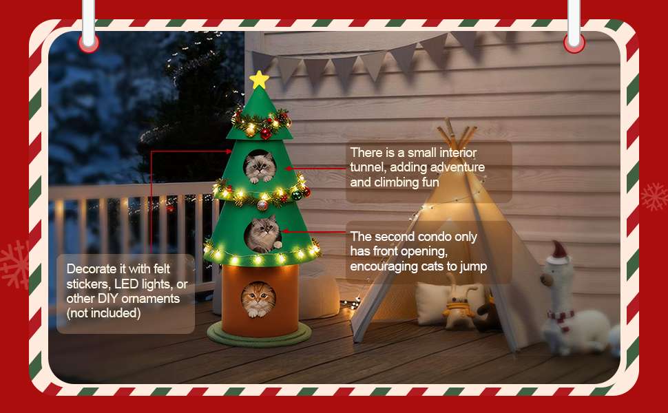 Torre de gatos multi-nivel (61x61x152 cm). Diseño Árbol de Navidad, con 3 condominios, pilares de fieltro y base ancha anti-vuelco.