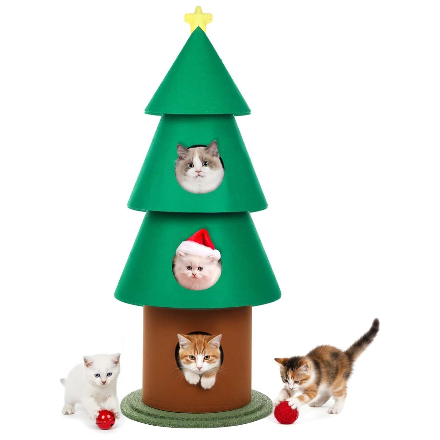 Torre de gatos multi-nivel (61x61x152 cm). Diseño Árbol de Navidad, con 3 condominios, pilares de fieltro y base ancha anti-vuelco.