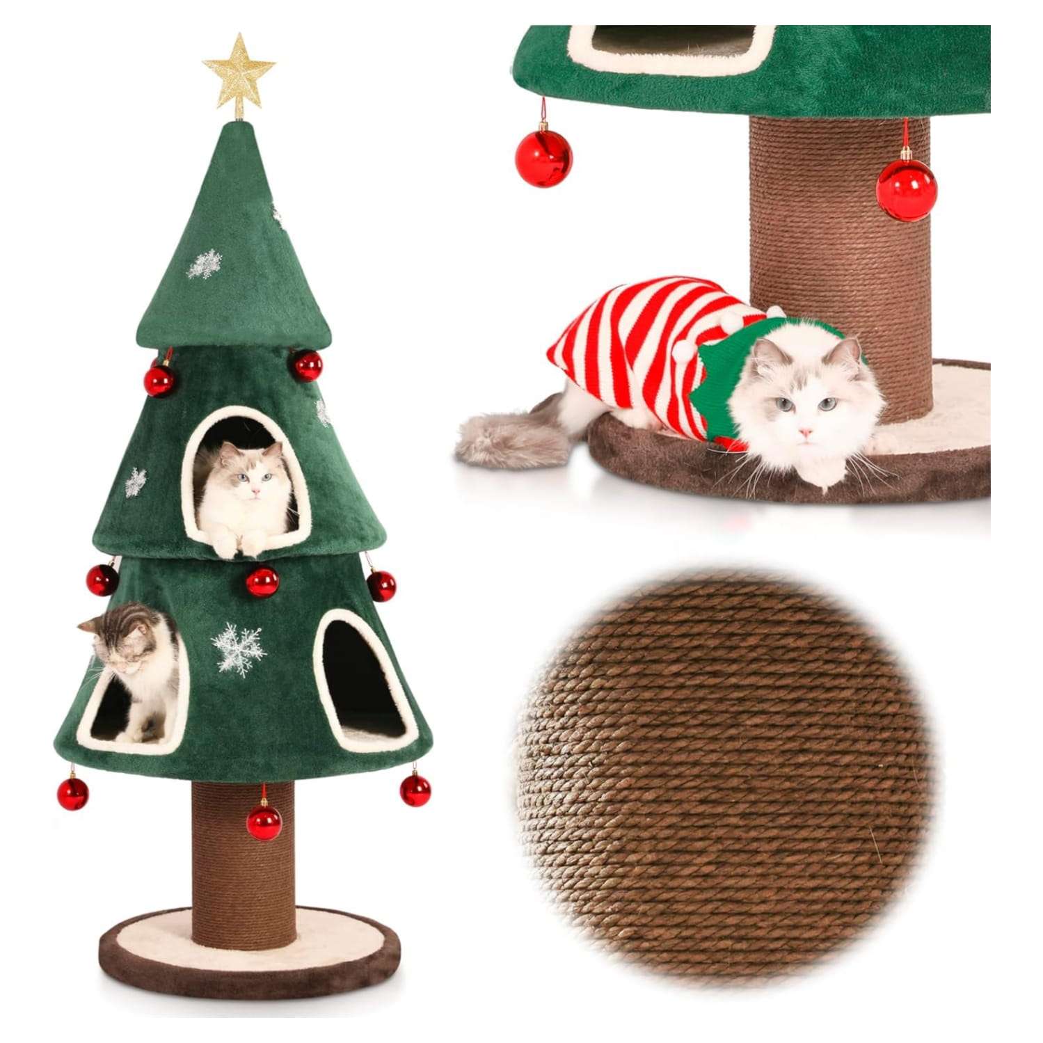 Torre de gatos XL (163 cm) con diseño Árbol de Navidad. Base de 66x66 cm, doble entrada y estabilidad extra pesada anti-vuelco.