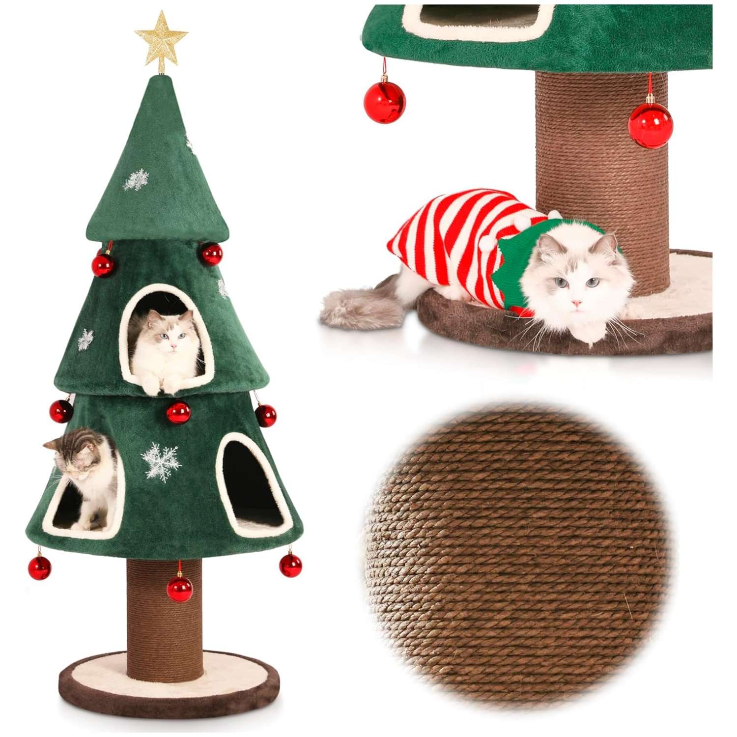 Torre de gatos XL (163 cm) con diseño Árbol de Navidad. Base de 66x66 cm, doble entrada y estabilidad extra pesada anti-vuelco.