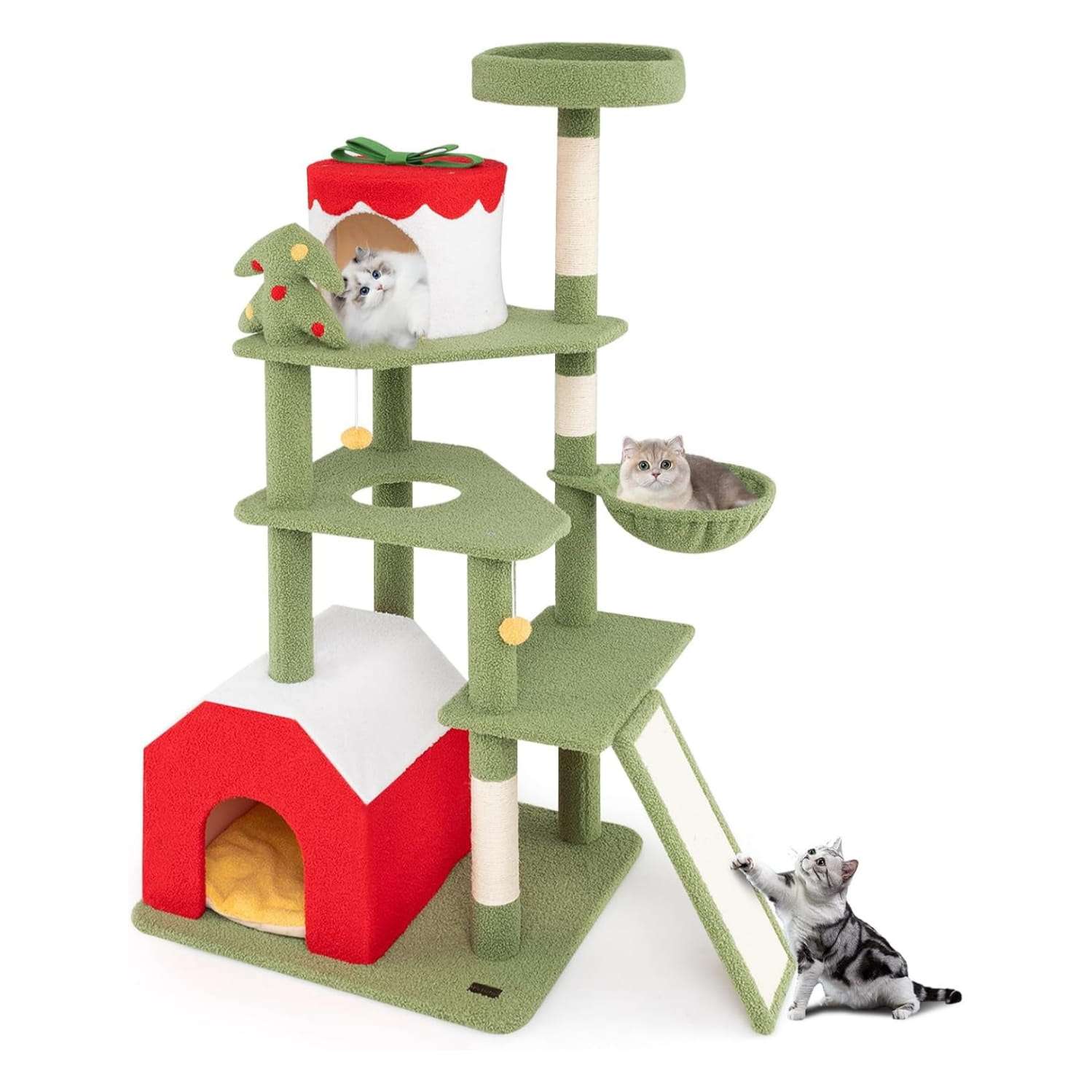 Torre de gatos multi-nivel (69x61x155 cm) diseño Navidad. Incluye 3 áreas de descanso, hamaca y dispositivo anti-caída.