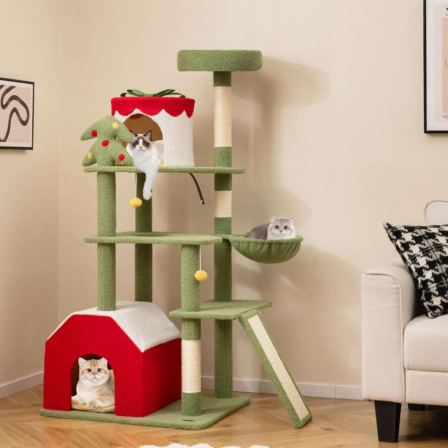 Torre de gatos multi-nivel (69x61x155 cm) diseño Navidad. Incluye 3 áreas de descanso, hamaca y dispositivo anti-caída.