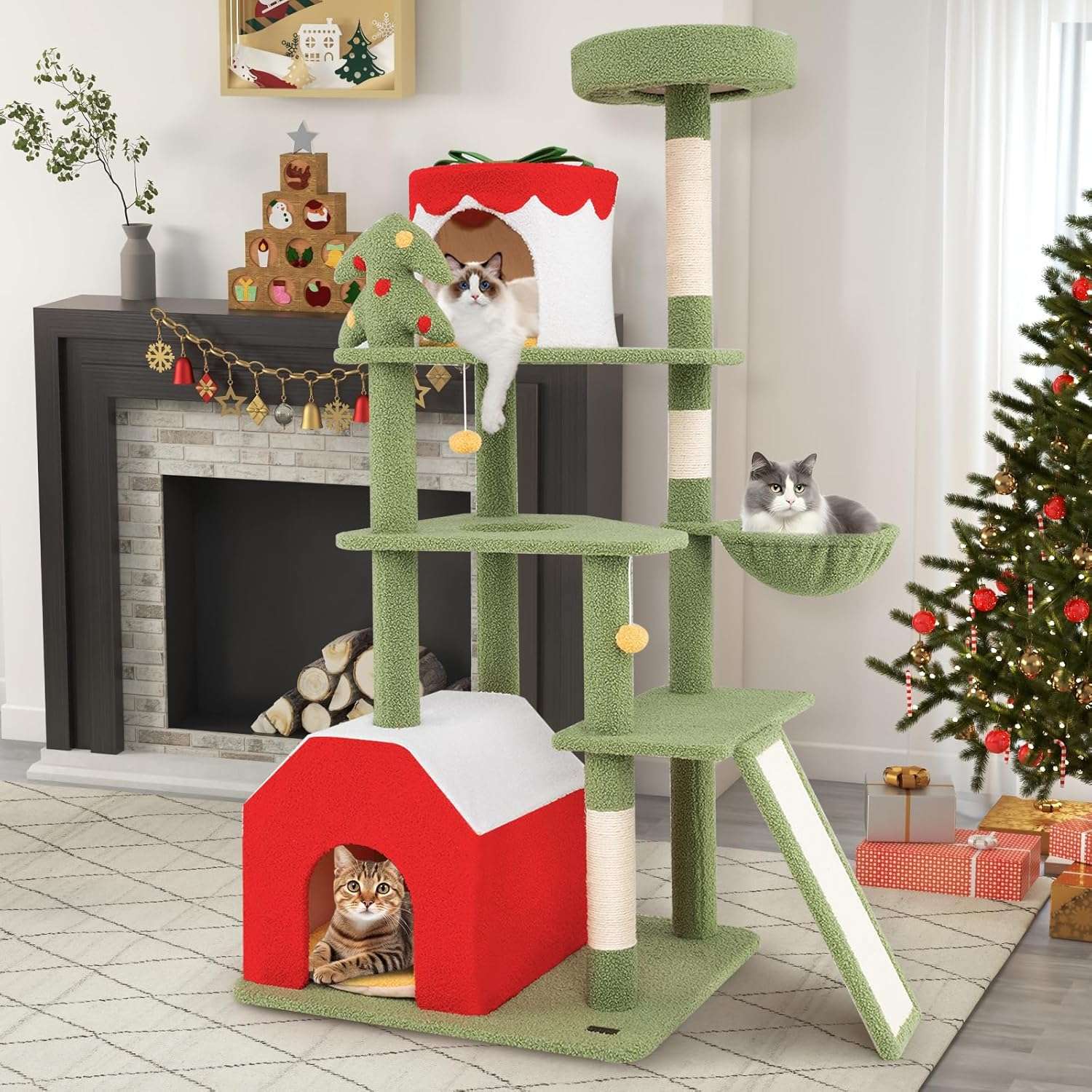 Torre de gatos multi-nivel (69x61x155 cm) diseño Navidad. Incluye 3 áreas de descanso, hamaca y dispositivo anti-caída.