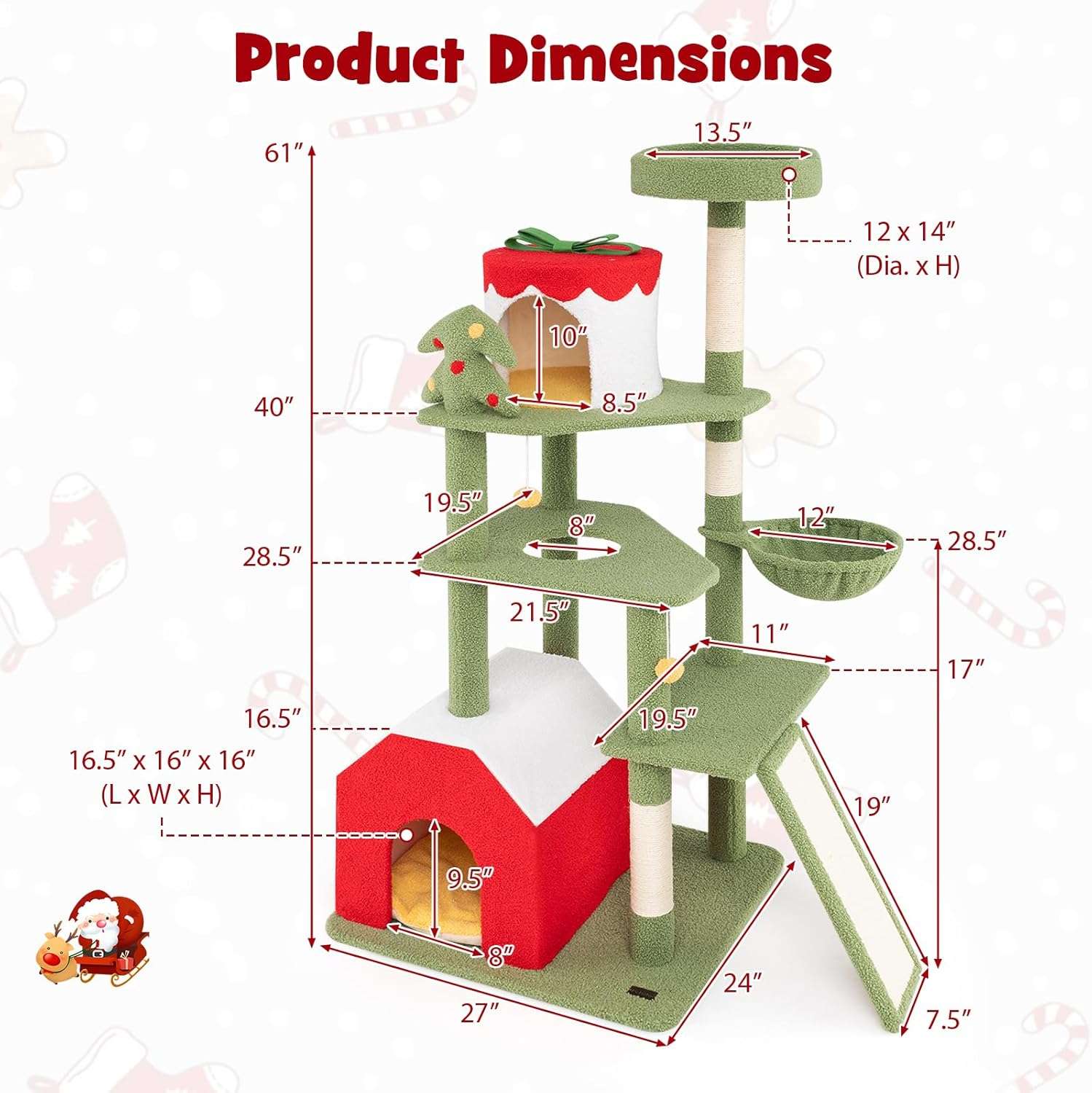 Torre de gatos multi-nivel (69x61x155 cm) diseño Navidad. Incluye 3 áreas de descanso, hamaca y dispositivo anti-caída.