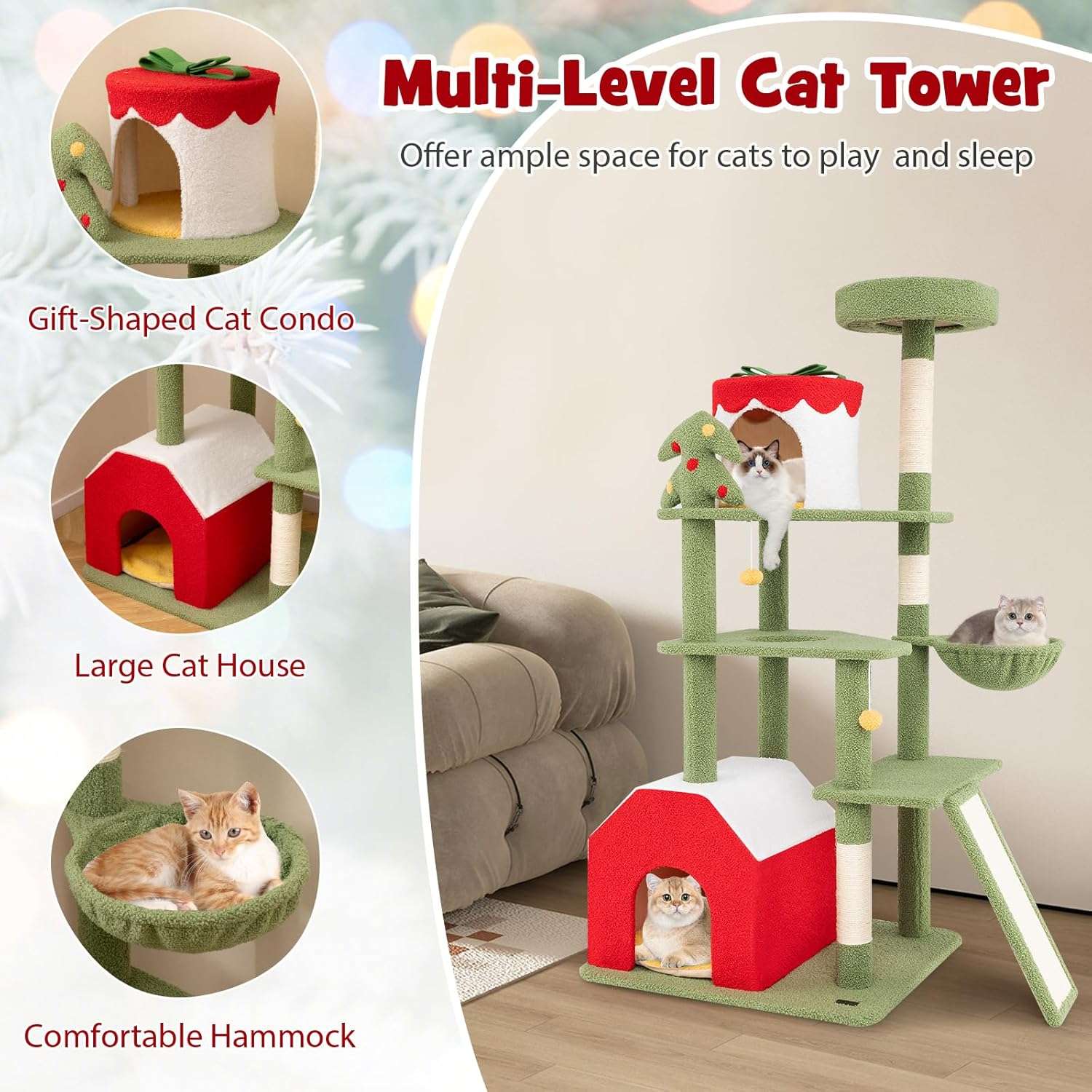 Torre de gatos multi-nivel (69x61x155 cm) diseño Navidad. Incluye 3 áreas de descanso, hamaca y dispositivo anti-caída.