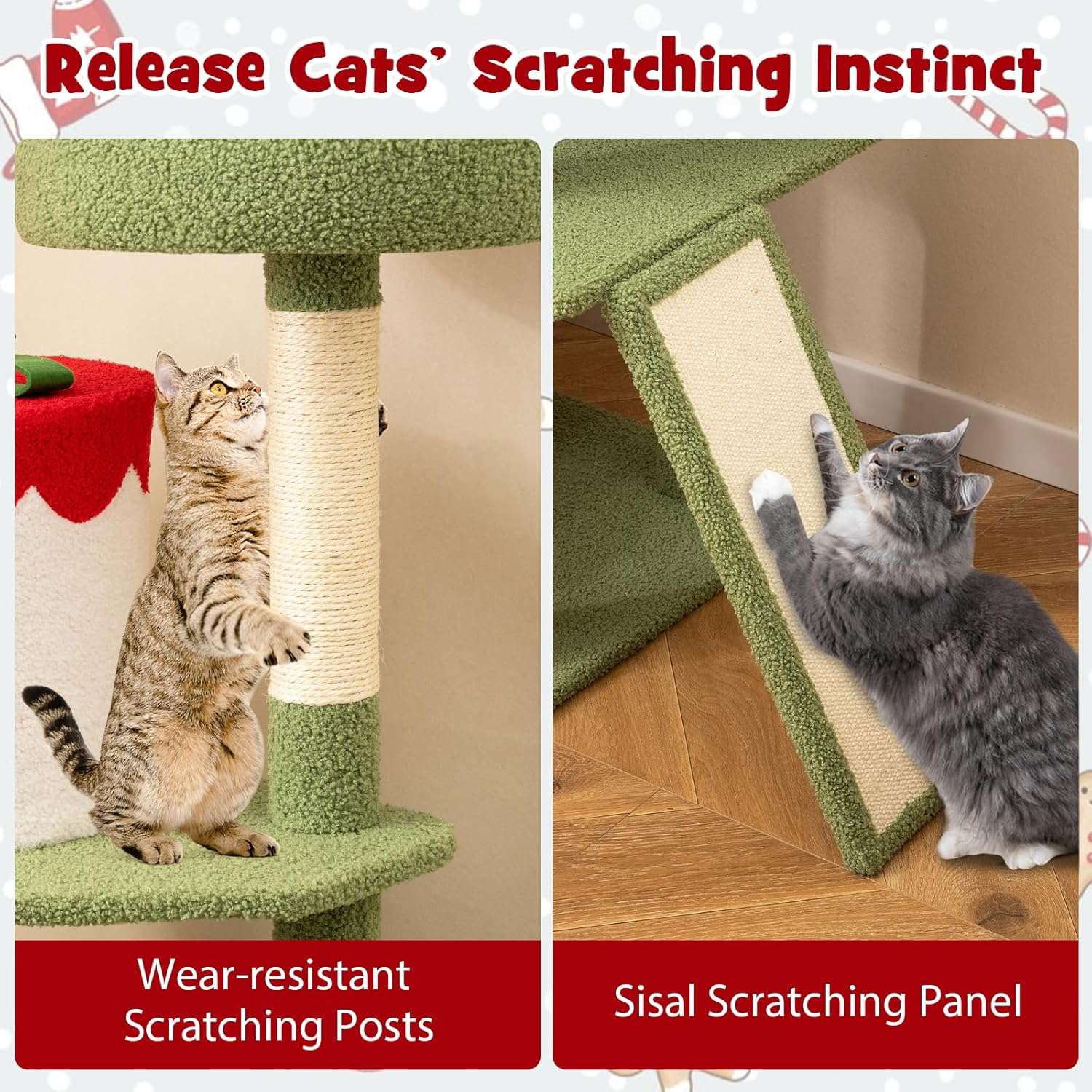 Torre de gatos multi-nivel (69x61x155 cm) diseño Navidad. Incluye 3 áreas de descanso, hamaca y dispositivo anti-caída.