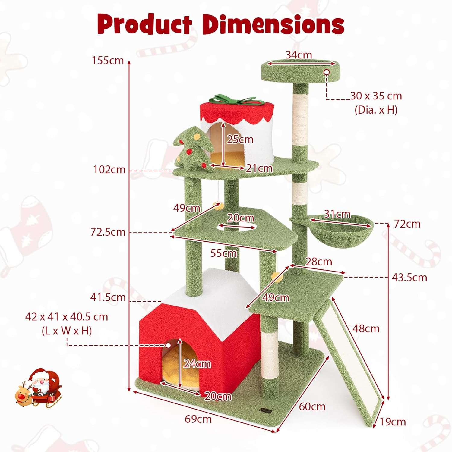Torre de gatos multi-nivel (69x61x155 cm) diseño Navidad. Incluye 3 áreas de descanso, hamaca y dispositivo anti-caída.