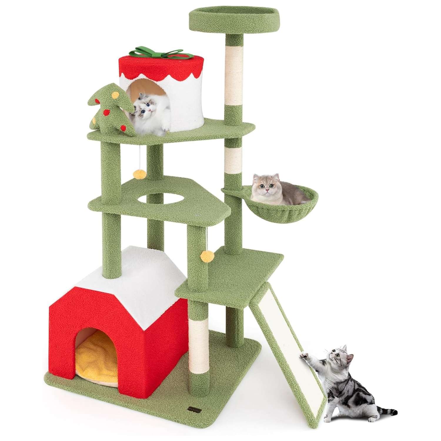 Torre de gatos multi-nivel (69x61x155 cm) diseño Navidad. Incluye 3 áreas de descanso, hamaca y dispositivo anti-caída.