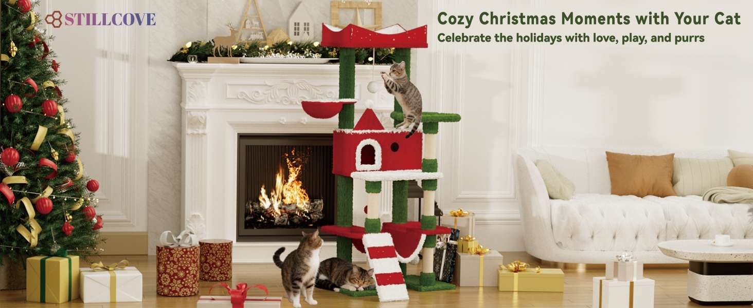 Torre de gatos multi-nivel (73x48x160 cm). Diseño Navideño, 5 postes rascadores y marco rectangular anti-vuelco.