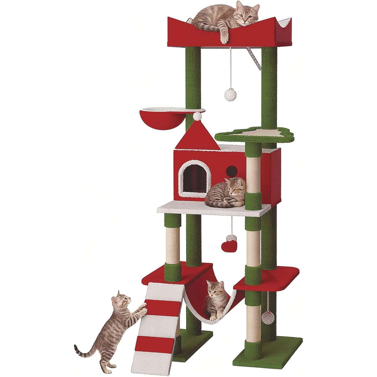 Torre de gatos multi-nivel (73x48x160 cm). Diseño Navideño, 5 postes rascadores y marco rectangular anti-vuelco.