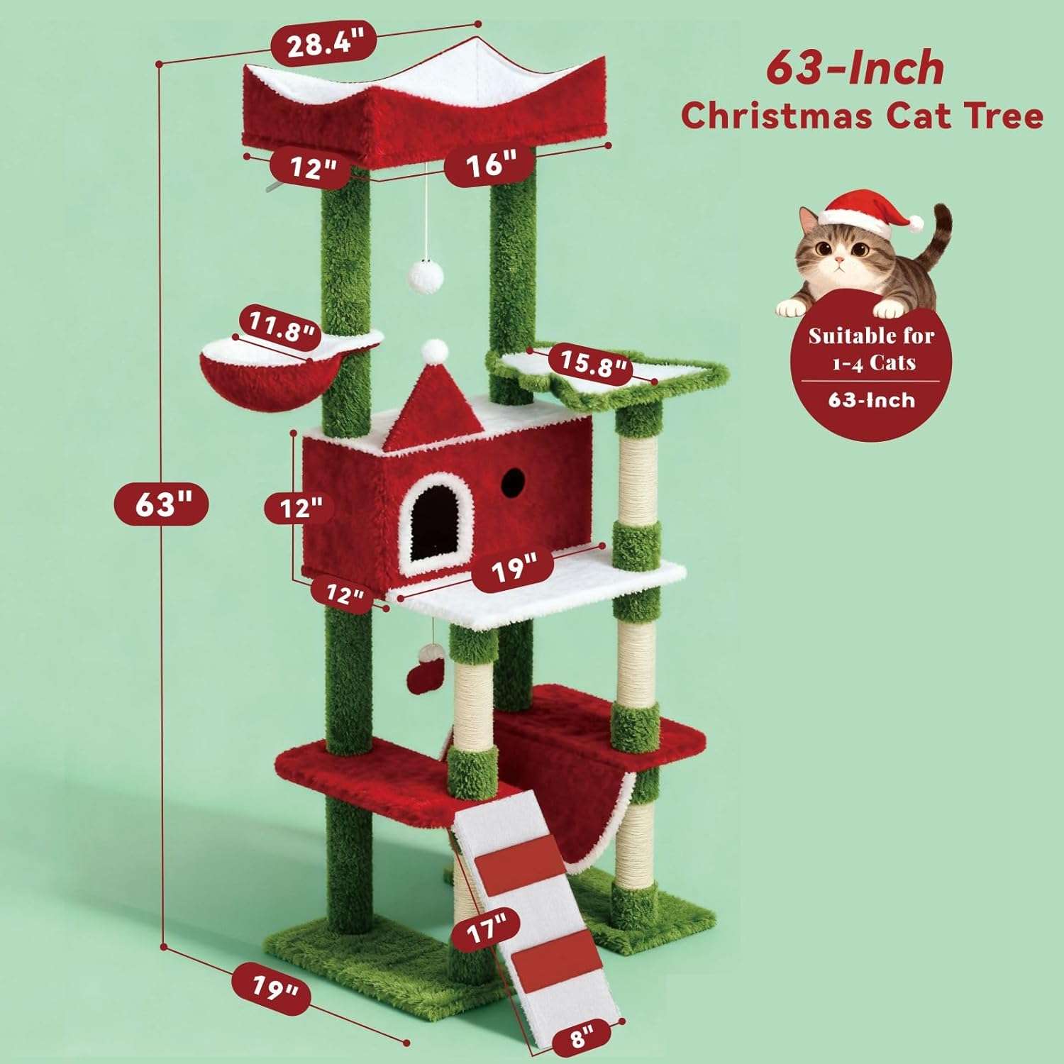 Torre de gatos multi-nivel (73x48x160 cm). Diseño Navideño, 5 postes rascadores y marco rectangular anti-vuelco.