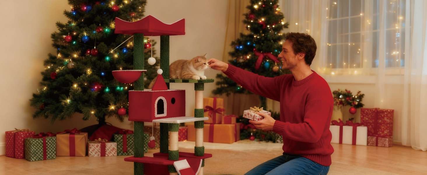 Torre de gatos multi-nivel (73x48x160 cm). Diseño Navideño, 5 postes rascadores y marco rectangular anti-vuelco.