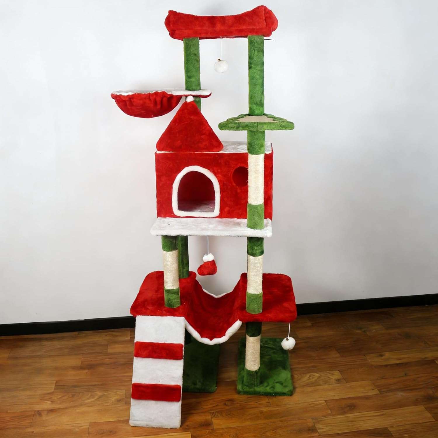 Torre de gatos multi-nivel (73x48x160 cm). Diseño Navideño, 5 postes rascadores y marco rectangular anti-vuelco.