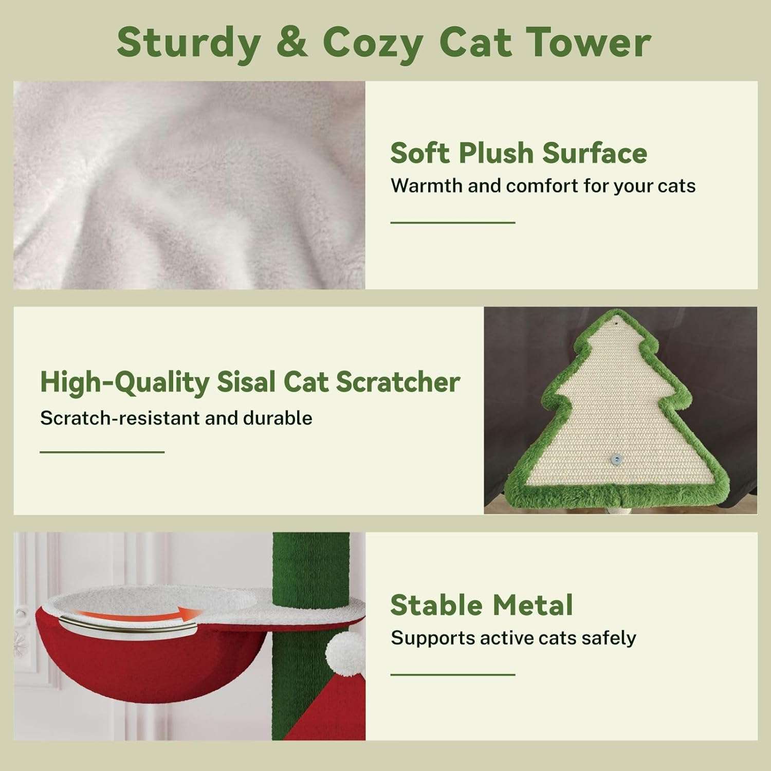 Torre de gatos multi-nivel (73x48x160 cm). Diseño Navideño, 5 postes rascadores y marco rectangular anti-vuelco.