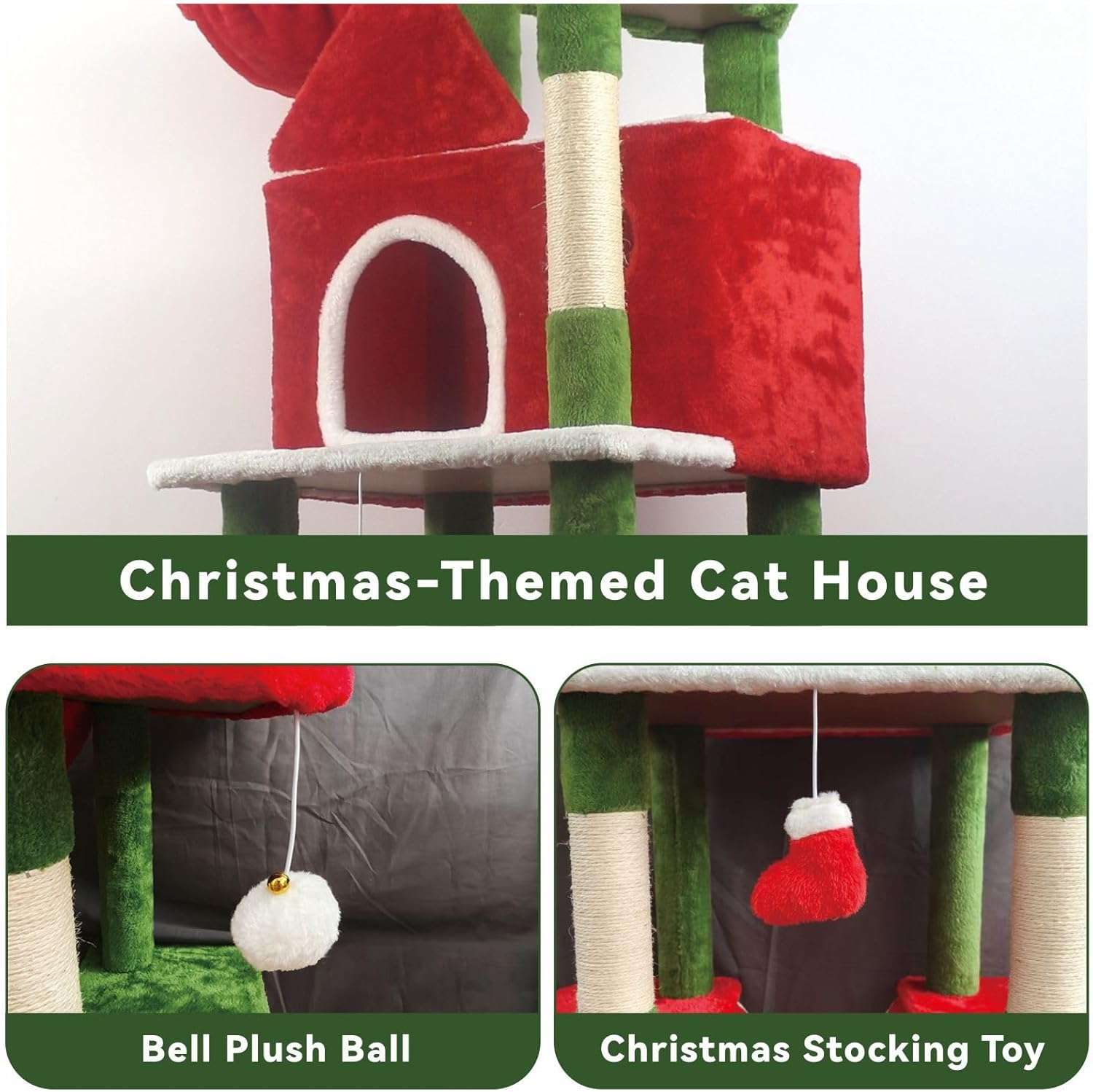 Torre de gatos multi-nivel (73x48x160 cm). Diseño Navideño, 5 postes rascadores y marco rectangular anti-vuelco.