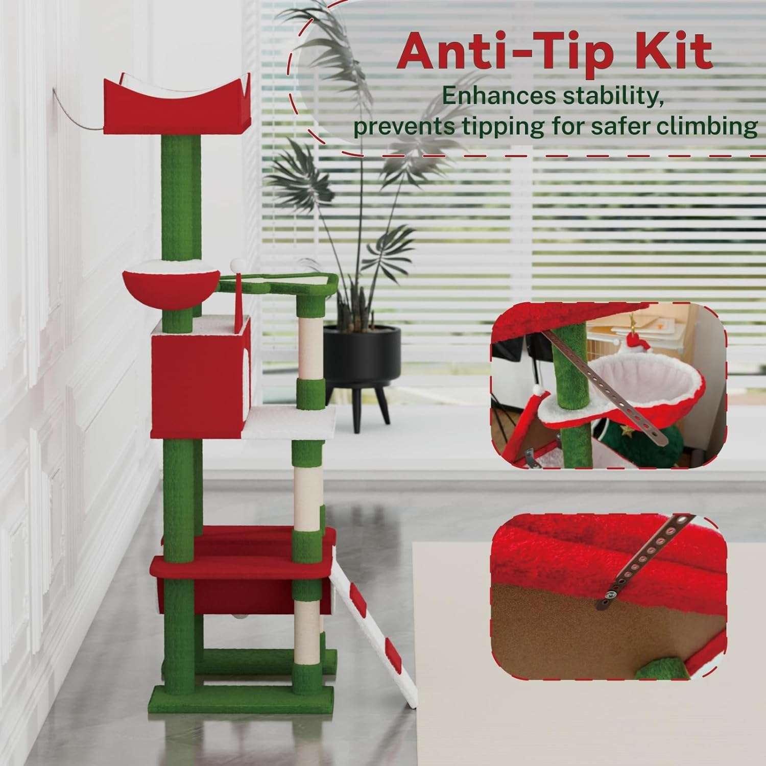 Torre de gatos multi-nivel (73x48x160 cm). Diseño Navideño, 5 postes rascadores y marco rectangular anti-vuelco.
