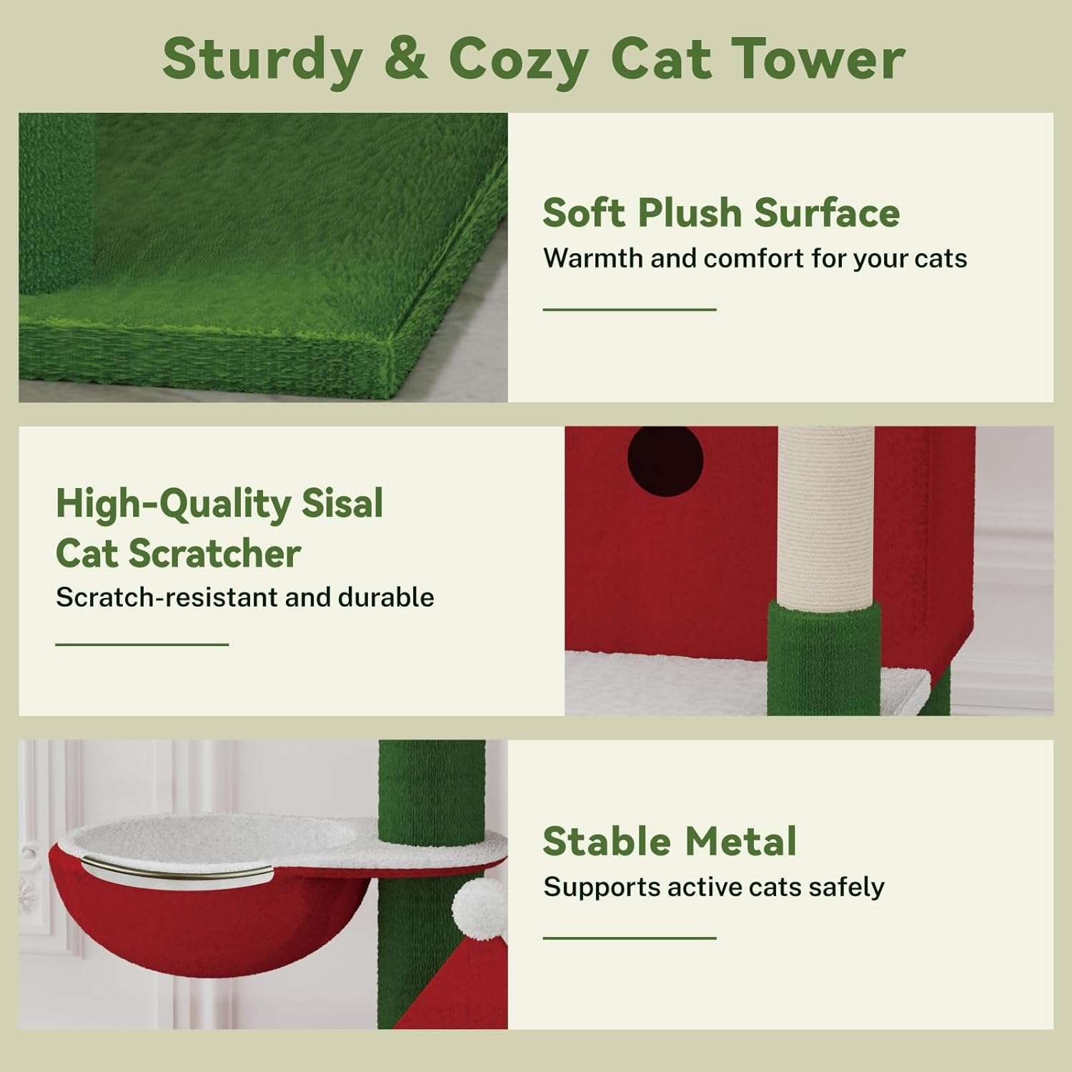 Torre de gatos multi-nivel (73x48x160 cm). Diseño Navideño, 5 postes rascadores y marco rectangular anti-vuelco.