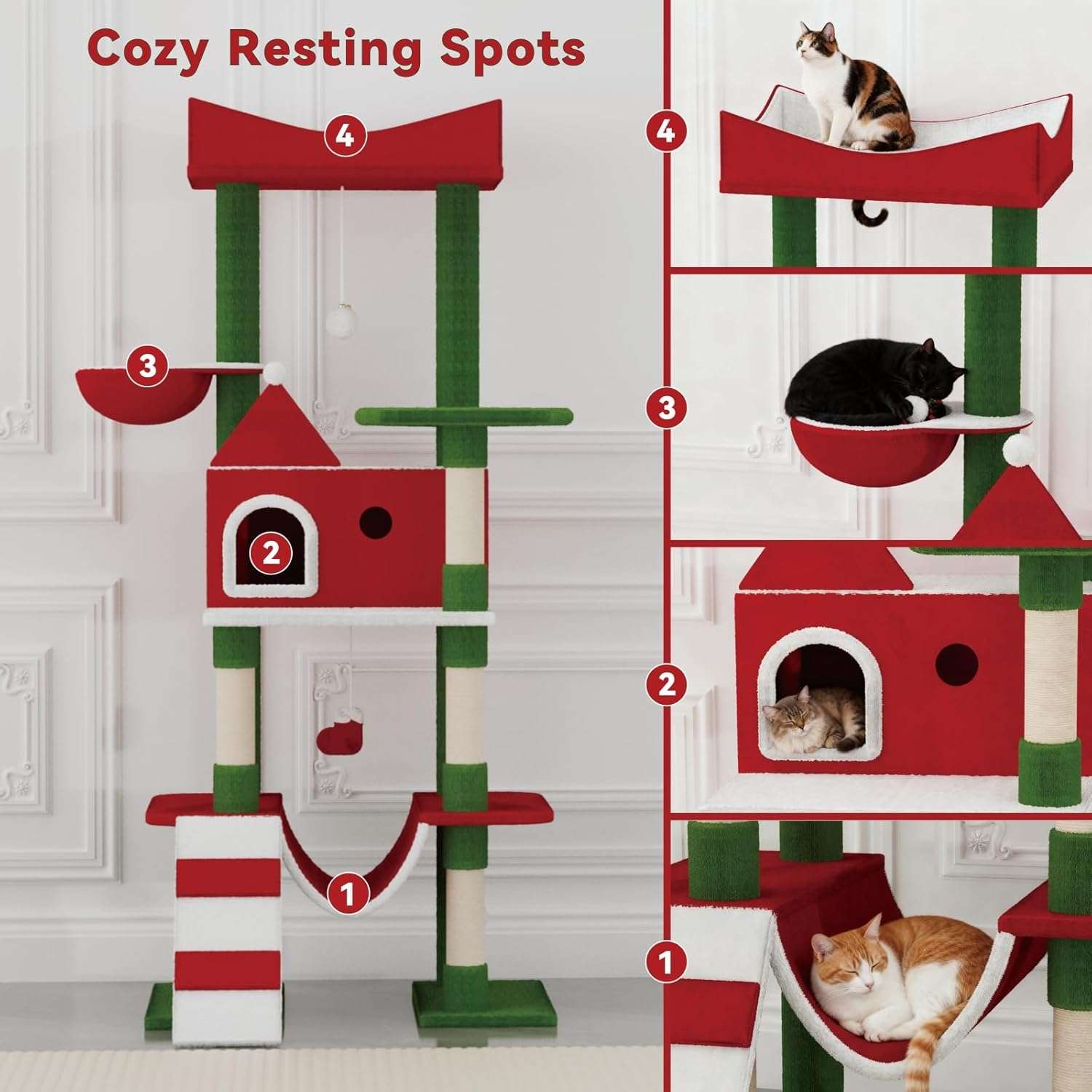 Torre de gatos multi-nivel (73x48x160 cm). Diseño Navideño, 5 postes rascadores y marco rectangular anti-vuelco.