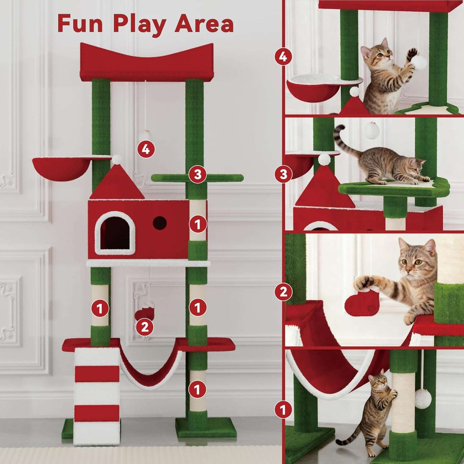 Torre de gatos multi-nivel (73x48x160 cm). Diseño Navideño, 5 postes rascadores y marco rectangular anti-vuelco.